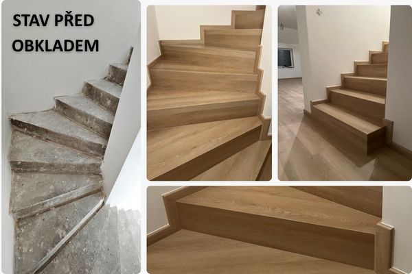 Obklad schodiště vinylovou podlahou s ohyby – Komořany na Vyškovsku
