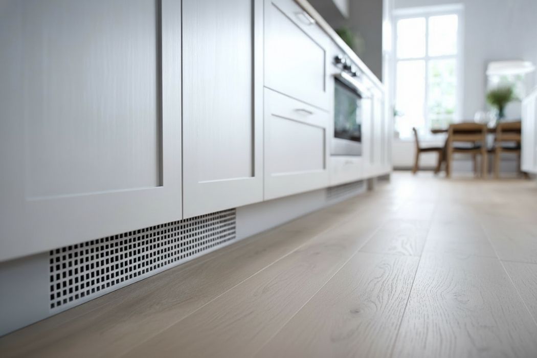 Kuchyňská linka s větrací mřížkou v soklu – odvětrání pod linkou pomáhá omezit lokální přehřívání podlahy