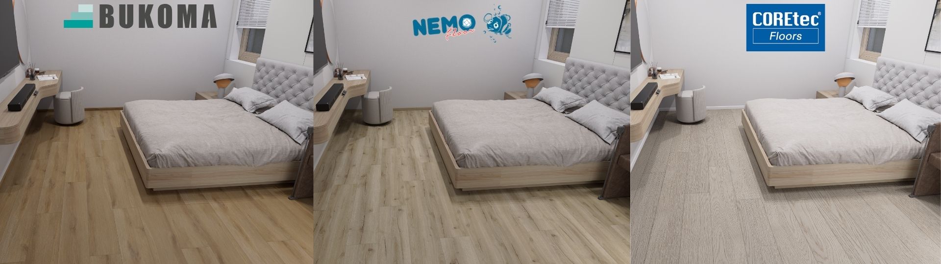 Porovnání dekorů vinylových podlah BUKOMA, NEMO a COREtec ve stejné scéně