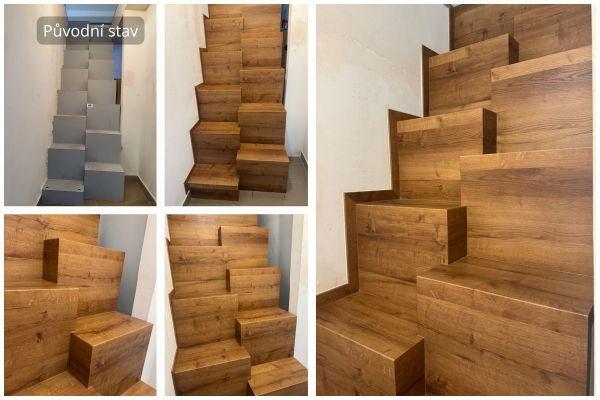 Obklad mlynářských schodů vinylovou podlahou – Brno Slatina