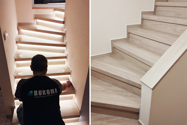 Obklad schodiště s LED - BUKOMA Dub Zlatý, Brno Bosonohy