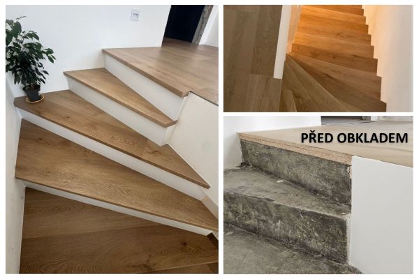 Obklad schodiště BUKOMA Dub Classic a bílými podstupnicemi – Opava
