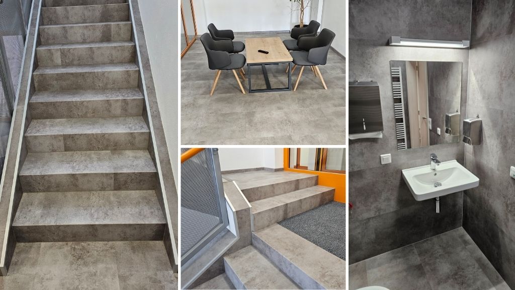 JIMI CZ, Vyškov – podlahy, obklad schodiska a toaliet