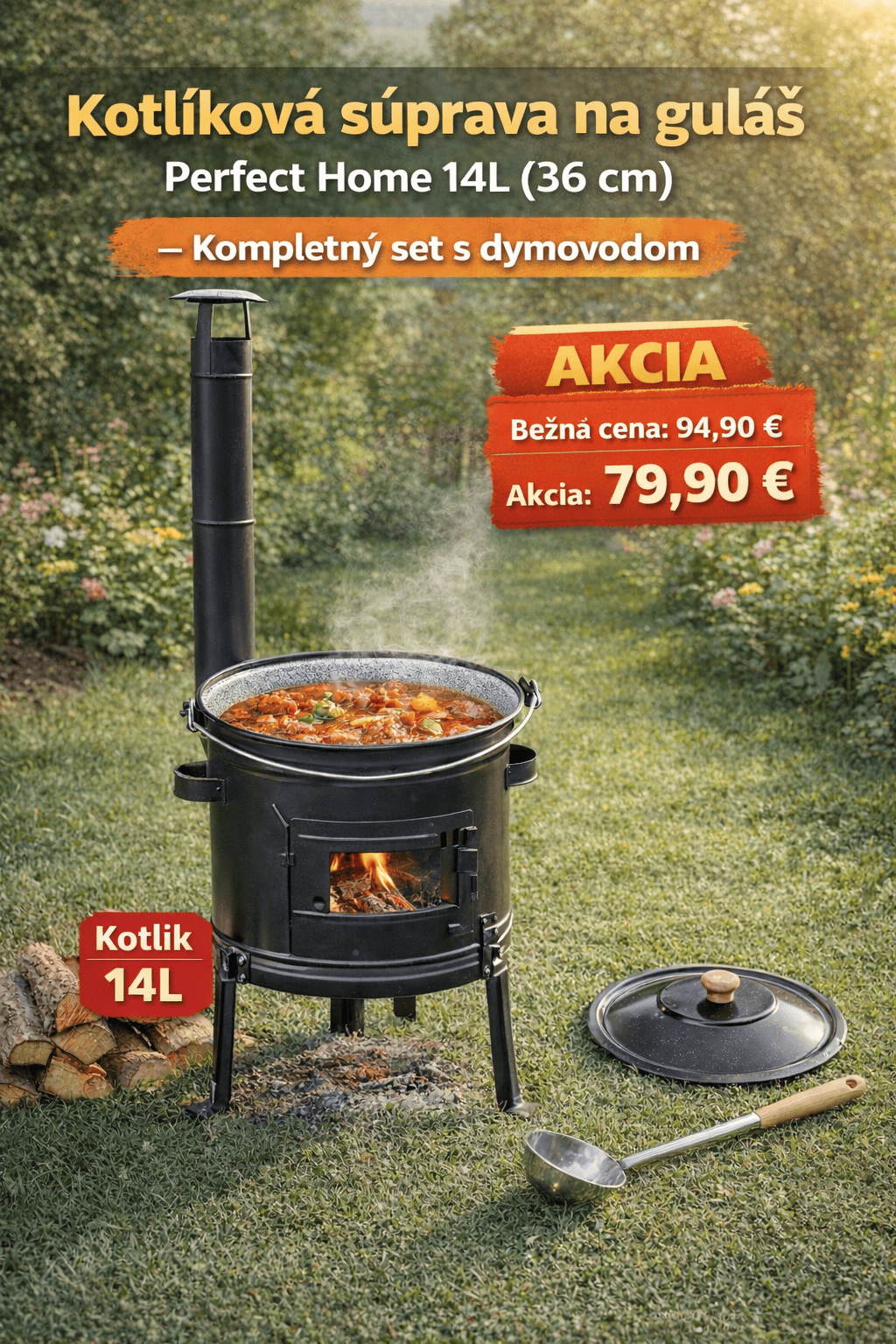 kciová kotlíková súprava na guláš 14L s kotlinou a dymovodom
