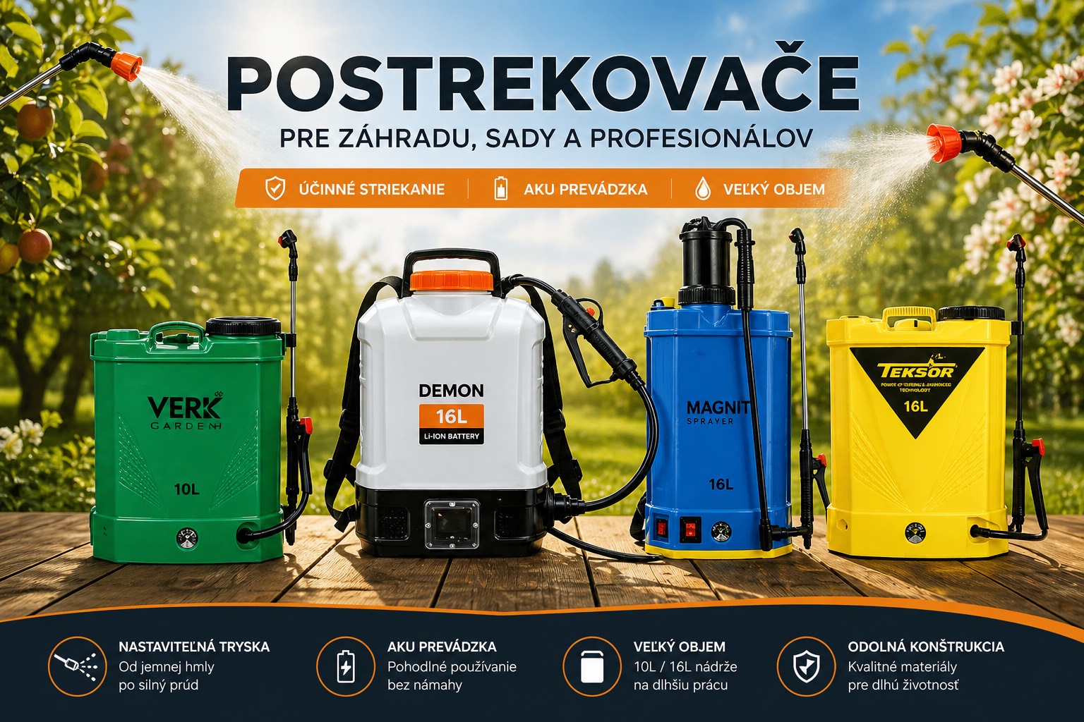 Akumulátorové chrbtové postrekovače 10L a 16L pre záhradu, sady a profesionálne použitie
