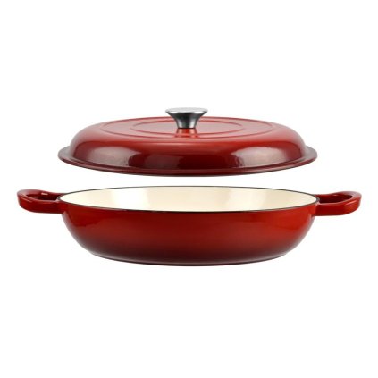 Smaltovaná liatinová panvica s pokrievkou 30 x 6 cm červená