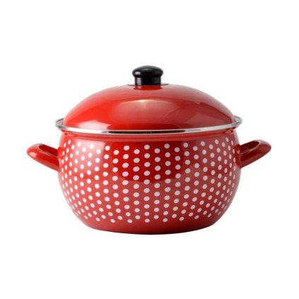 Smaltovaný hrniec s červenými bodkami 20 cm + pokrievka