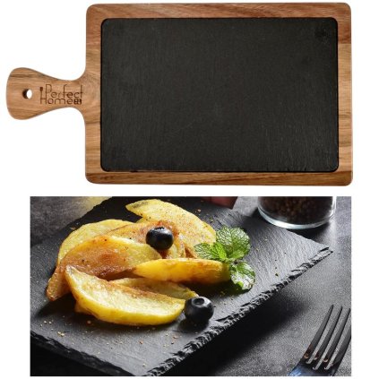 Servírovacia doska z bridlice s rukoväťou a podstavcom z akáciového dreva 26*18 cm