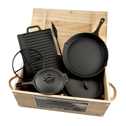 Sada liatinových grilov BBQ s drevenou krabicou 6+1 dielov / sada na pečenie v liatinovej rúre