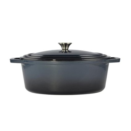 Smaltovaný liatinový pekáč na kačicu 32 cm oceľovo modrý