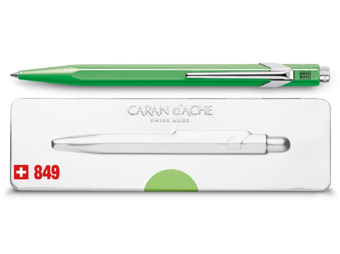 caran dache 849 popline fluo green ballpoint pen with holder