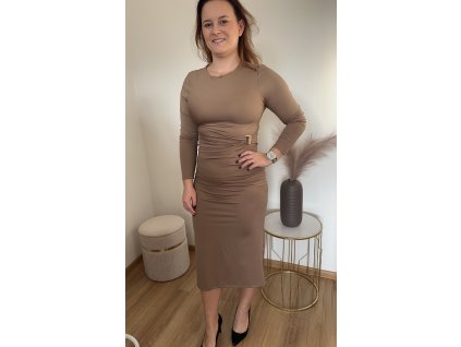 Hnědé šaty se zlatou sponou