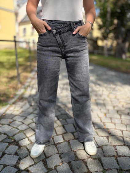 Široké šedé džíny s šikmým zipem Gray