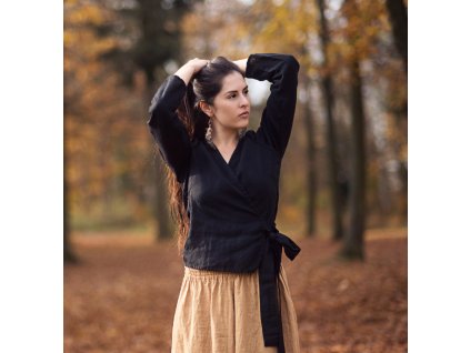 Lněná zavinovací halenka Černá