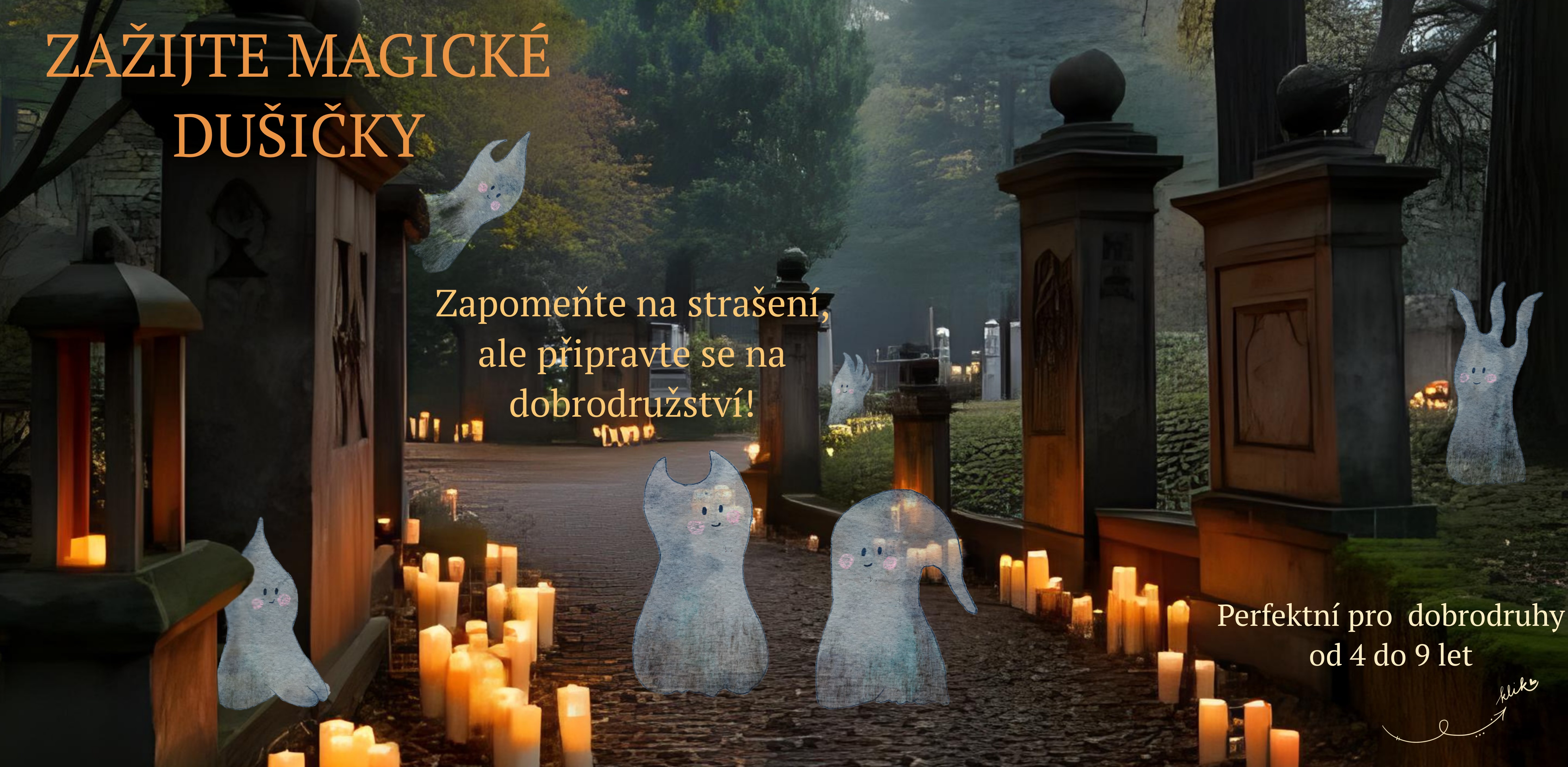 Odkaz na dušičkovou stezku, roztomilý doušci mezi náhrobky zvou malé děti k dobrodružství.