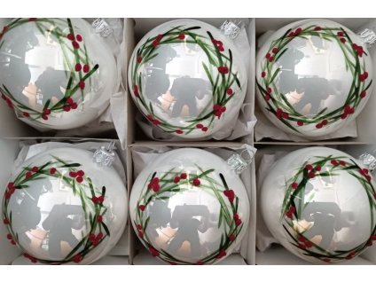 Sada skleněných vánočních ozdob koule hladká bílá, barevný malovaný dekor