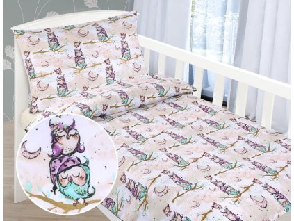 27281 detske povleceni bavlna agata 1 ks 90x135 cm 1 ks 45x60 cm sovicka na vetvi zip bellatex