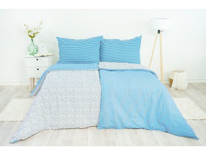 Povlak na polštář flanelový Stanex kvítek-pruh modrý (LS194), 90 x 70 cm, Zip