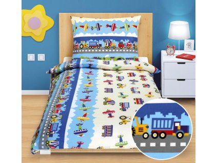 63524 detske povleceni bavlna junior 1 ks 140x200 cm 1 ks 70x90 cm letadla a auta modra zip bellatex