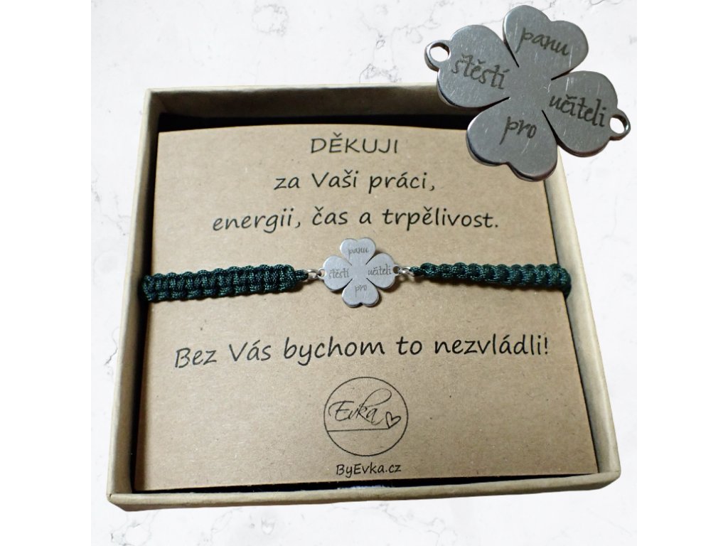 By Evka čtyřlístek z chirucgické oceli s textem PANU UČITELI PRO ŠTĚSTÍ