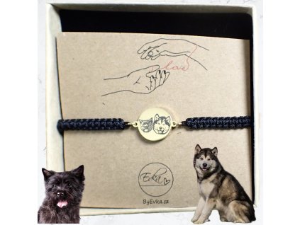 Náramek s gravírovanými portréty dvou hlav domácích mazlíčků (např. pes/kočka, ...) - zlaté kolečko