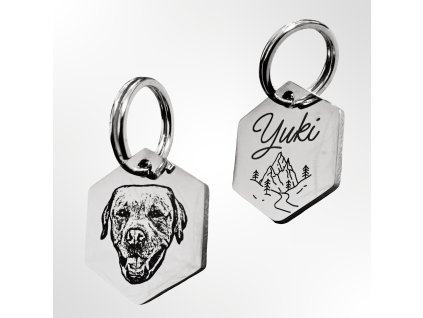 By Evka stříbrná klíčenka s portrétem domácího mazlíčka pes, kočka, králík, papoušek šestiúhelník (8)