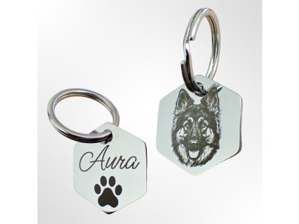 By Evka stříbrná klíčenka s portrétem domácího mazlíčka pes, kočka, králík, papoušek šestiúhelník (3)