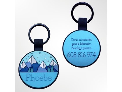 By Evka kulatá silikonová psí známka, která necinká vlastní text modrá motiv zimní hory a skály (7)