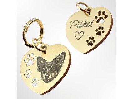 Přívěsek na klíče s portrétem hlavy domácího mazlíčka - zlaté srdíčko s tlapkami