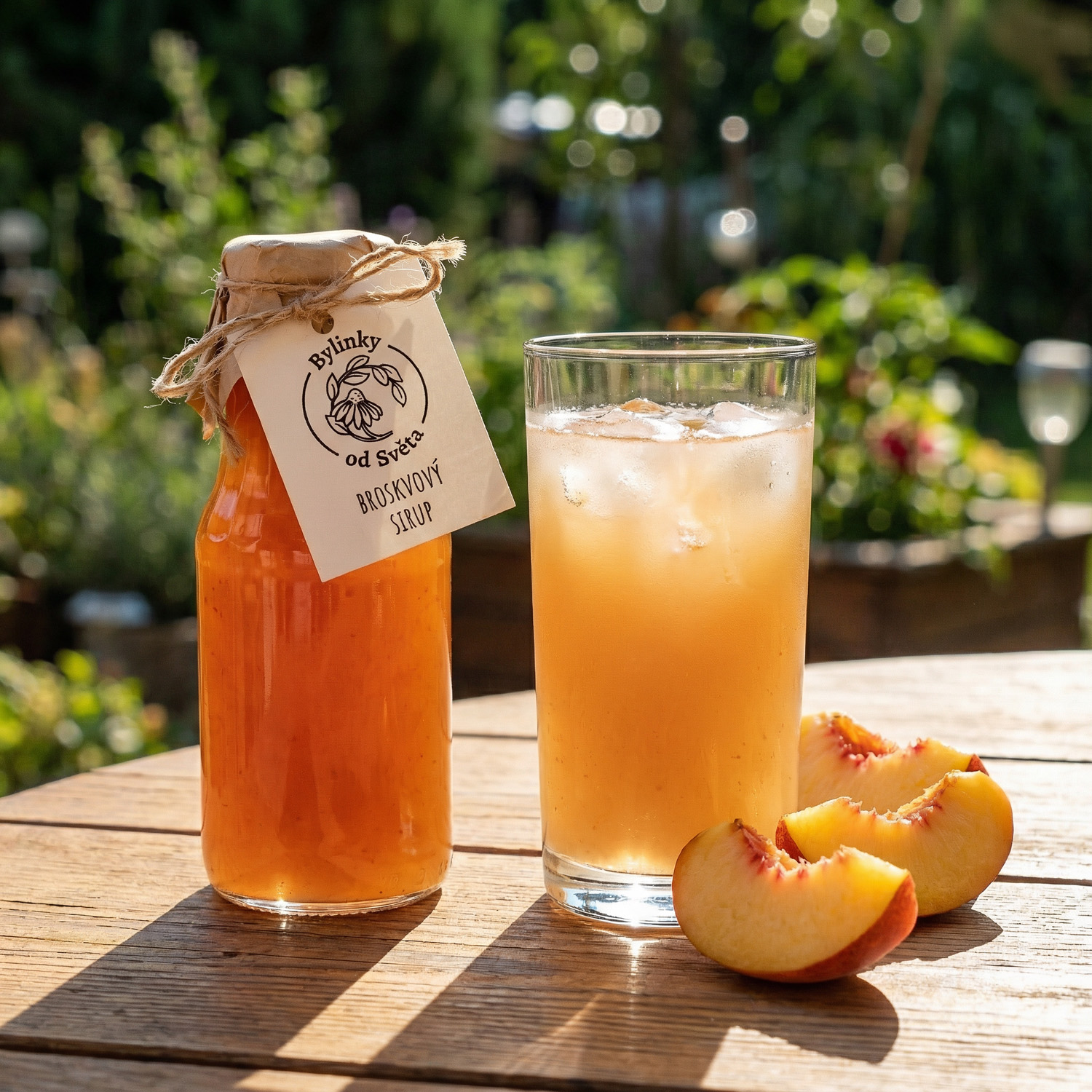 Nápoj z broskvového sirupu Bylinky od Světa