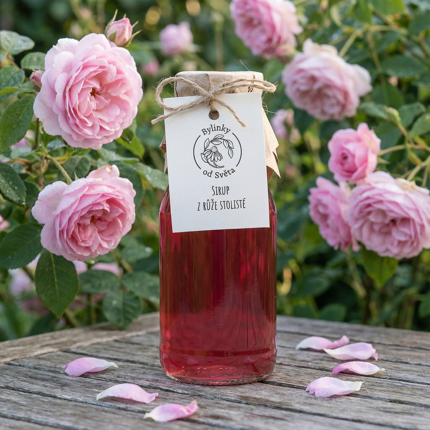 Přírodní růžový sirup z růže stolisté Bylinky od Světa – jemný květinový sirup