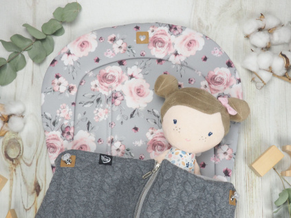 SET Podložka prodloužená (Roses on Grey, šedý fleece) + copánková deka (dark grey, šedý fleece)