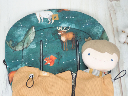 SET Podložka prodloužená (Constellation, černý fleece) + vaflová deka (caramel, černý fleece)