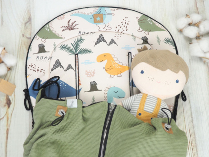 SET Podložka prodloužená (Dinosaurus, černý fleece) + vaflová deka (olive, černý fleece)