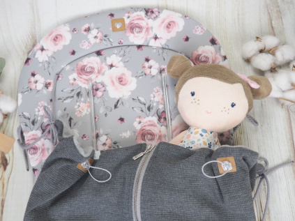 SET Podložka prodloužená (Roses on grey, šedý fleece) + vaflová deka (dark grey, šedý fleece)