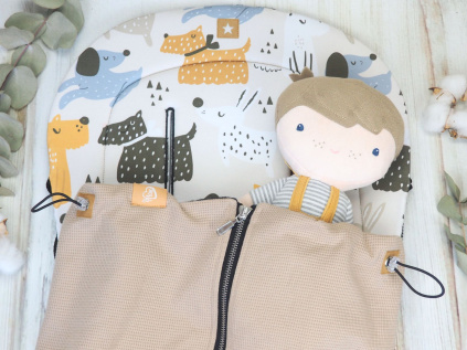 SET Podložka prodloužená (Puppies, taupe fleece) + vaflová deka (taupe, černý fleece)