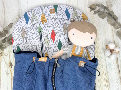 SET Podložka prodloužená (Trees, černý fleece) + copánková deka (jeans, černý fleece)