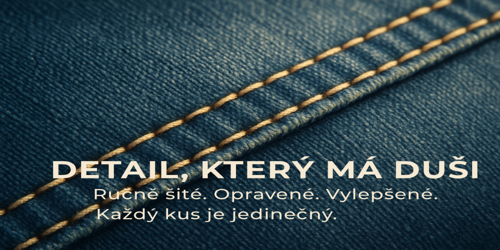 Detail ručního švu na džínovině, symbol poctivé ruční práce značky BYOLD.