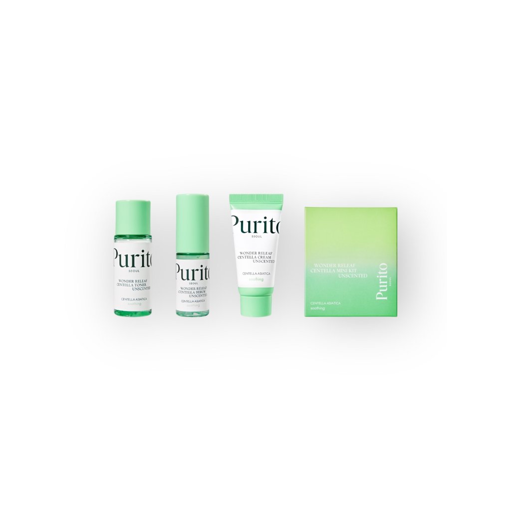 Purito Seoul - Wonder Releaf Centella Mini Kit Unscented - Sada zklidňujících produktů bez parfemace (Serum15ml+Toner30ml+ Cream15ml)