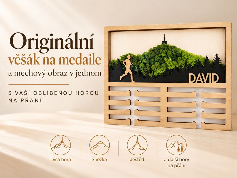 Originální věšák na medaile nejen s Lysou horou – medailovník a mechový obraz v jednom