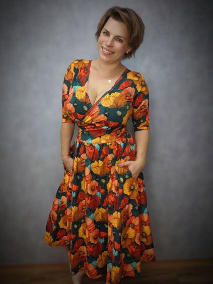 Šaty BeDiva prodloužené - žlutočervené máky