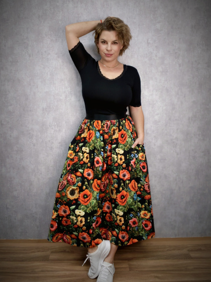 Úpletová sukně MIDI - máky