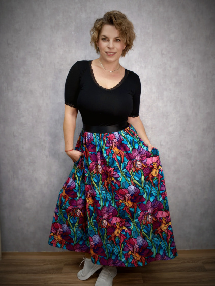 Úpletová sukně MIDI - kosatce ve vitráži