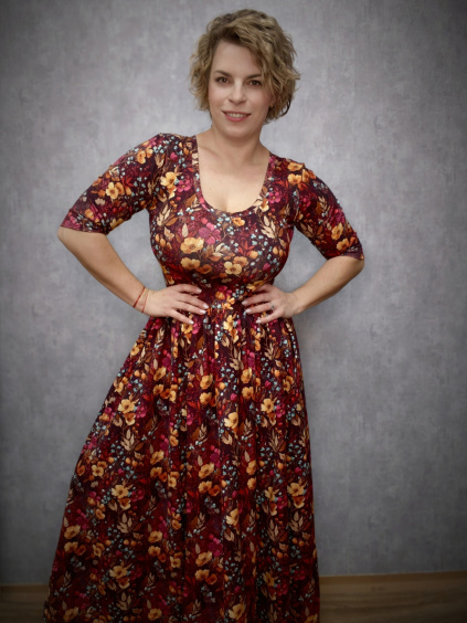 BeDarcy´s MIDI šaty -  tmavé kvítky na hnědé