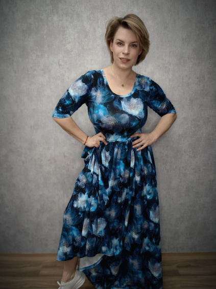 BeDarcy´s LONG šaty -  modré jiskřivé květy