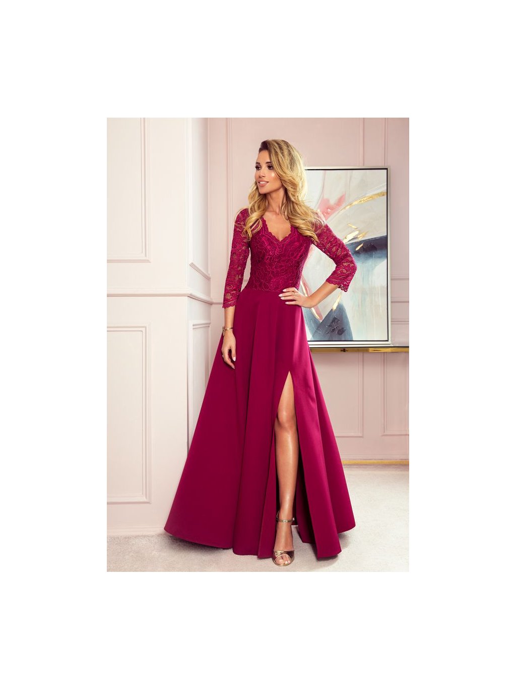 309-1 AMBER elegant lace long dress with a neckline - Burgundy color (Velikost S, Barva _barva viz foto)