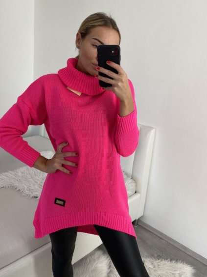 Svetr pletený prodloužený s rolákem dlouhý rukáv dámský (L/XL ONE SIZE) ITALSKÁ MÓDA IM4221283/DR (Velikost S/M/L, Barva růžová neon)