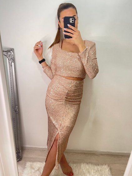 Souprava třpytivá flitrová sukně a top dlouhý rukáv dámská (S/M ONE SIZE) ITALSKÁ MÓDA IMWE224031/DU (Velikost S/M/L, Barva béžová)