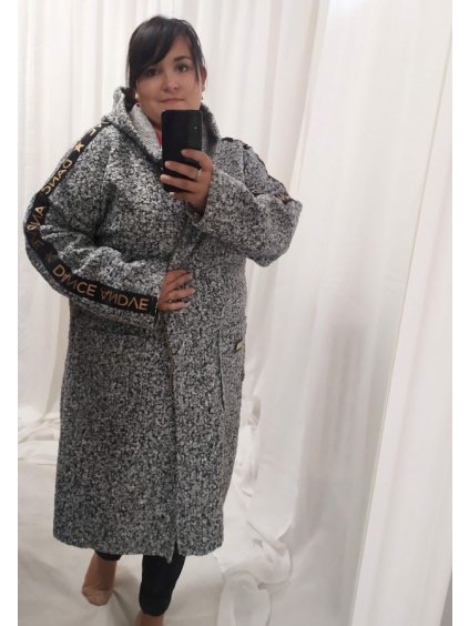 Kabát beránkový s kapucí dlouhý rukáv dámský nadrozměr (XL/2XL ONE SIZE) ITALSKÁ MÓDA IMBM22008 (Velikost XL/2XL, Barva šedá)