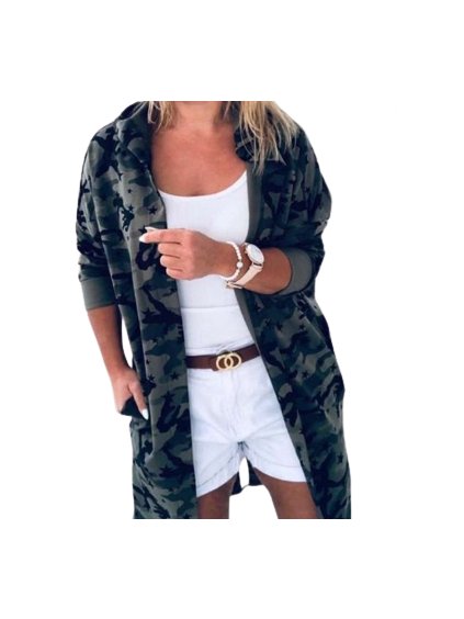 Cardigan s kapsičkami a kapucí 3/4 rukáv dámský maskáč (uni s/l) ITALSKá MóDA IM4223121/DR (Velikost M/L, Barva zelená khaki)